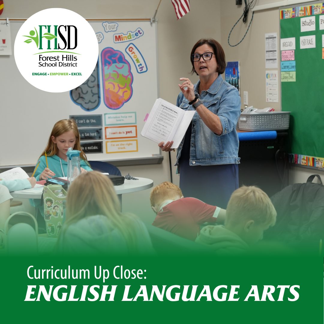 photos of Mrs. Thorp teaching with FHSD logo and text "curriculum up close: english language arts"